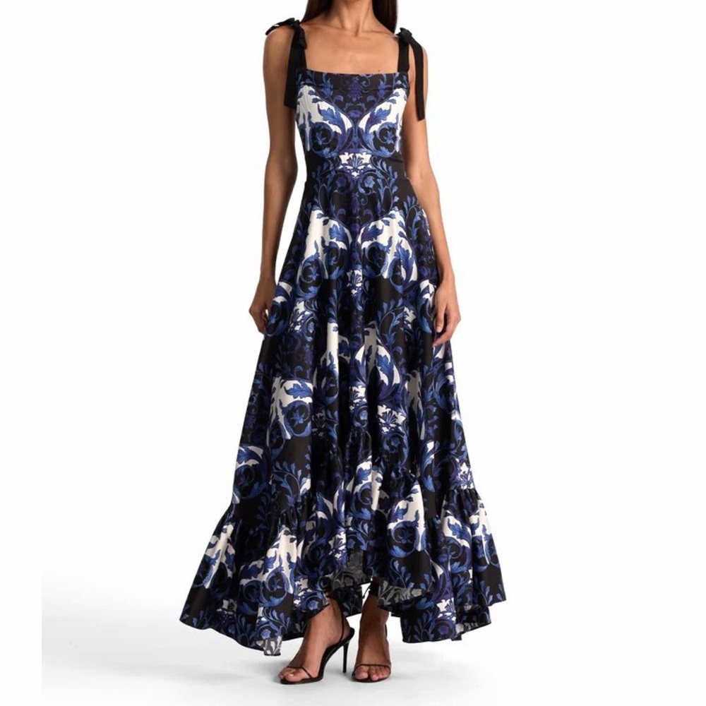 Alice + Olivia Rosalee Regal Retreat Maxi Dress Blue Black Floral Bustier 10